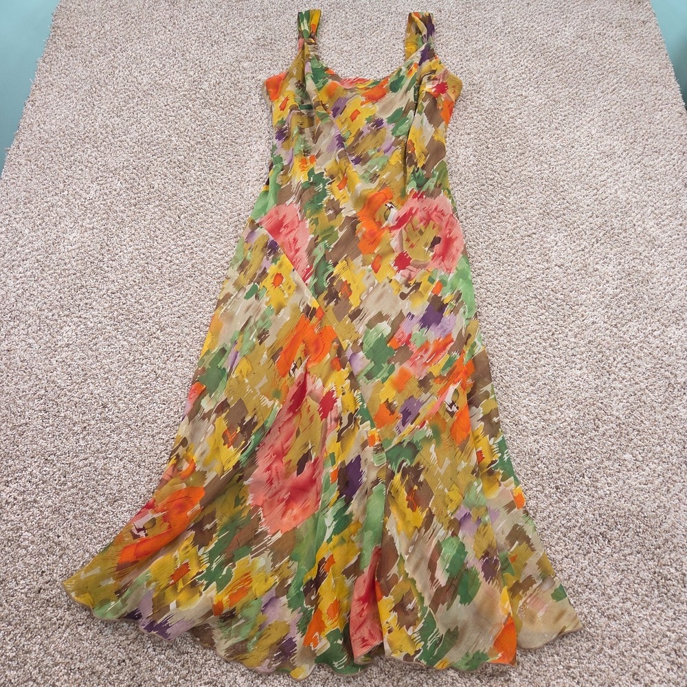 Vintage Y2K Midi Dress Forest Fairy Chiffon Flowy Colorful Vibrant Party Size 10